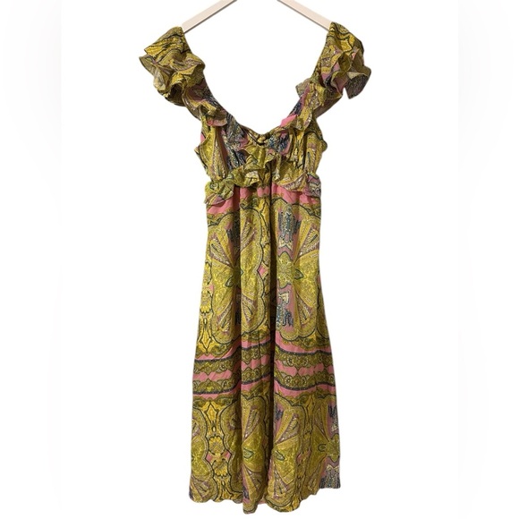 A Loves A  V Neck Flutter Sleeve Open Back Paisely Green Size Medium - Picture 2 of 5